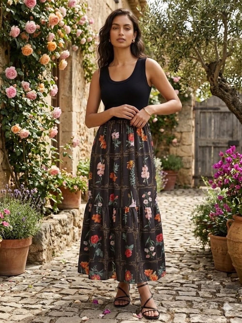 Tash and Sophie Black Floral Maxi Satin Dress Sleeveless Tiered Romantic Sz XS